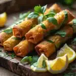 Healthy vegetable egg rolls garnished with fresh herbs and lemon wedges on a wooden board