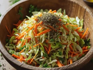 Mixing cabbage and carrots in a bowl with seasonings
