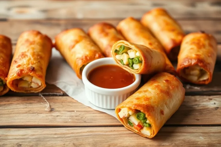 Crispy vegetable egg rolls with dipping sauce on a wooden table