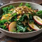 A fresh kale crunch salad served in a white bowl with sliced almonds on top