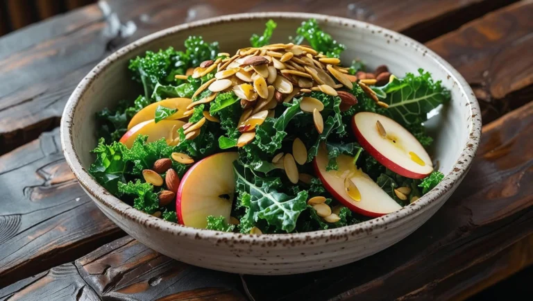 A fresh kale crunch salad served in a white bowl with sliced almonds on top