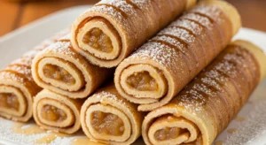 Golden brown pancake roll-ups filled with apple cinnamon filling, drizzled with syrup and powdered sugar, stacked on a white plate
