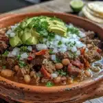 Carne en su jugo served in a rustic Mexican bowl with beans, bacon, cilantro, onion, and avocado slices
