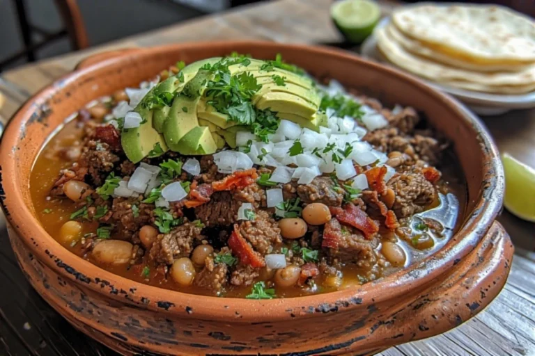Carne en su jugo served in a rustic Mexican bowl with beans, bacon, cilantro, onion, and avocado slices