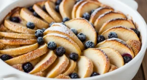 Blueberry Buttermilk Pancake Bake in a casserole dish with golden crumb topping