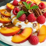 Close-up of dessert with whipped cream, peach slices, fresh raspberries, pecans, and caramel sauce in a glass bowl with mint leaves