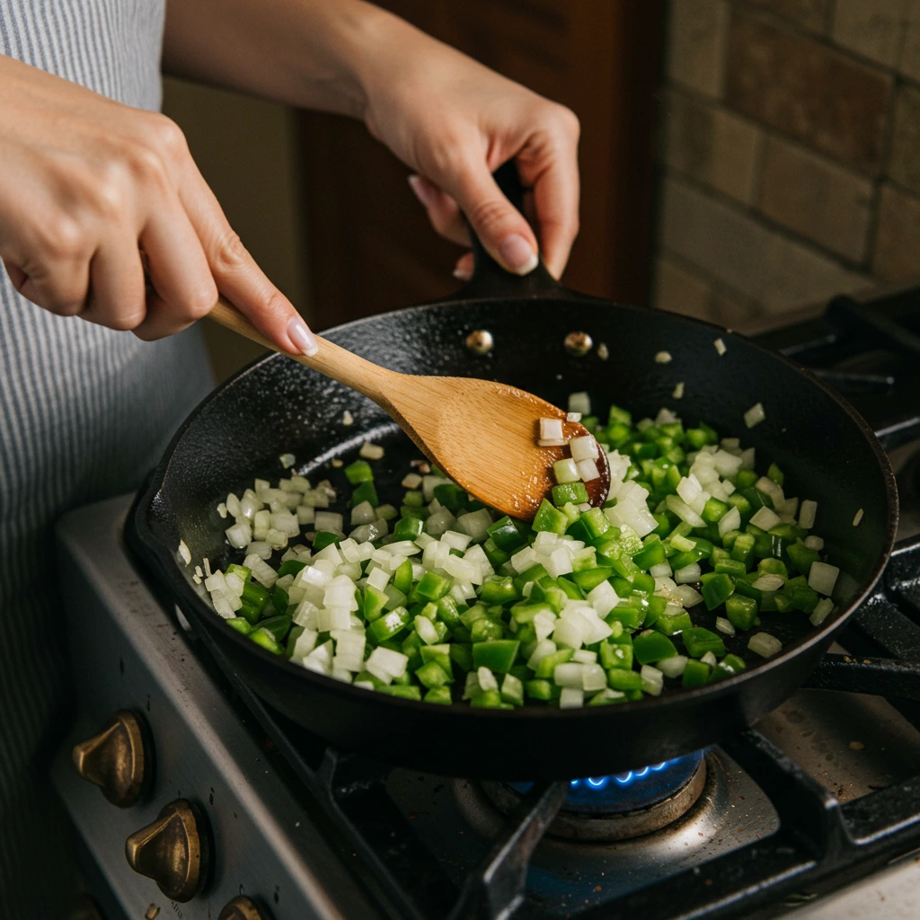 Stirring onions and peppers in a skillet