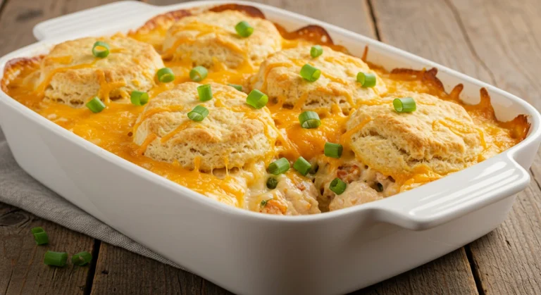 Cheddar Biscuit Chicken Bake fresh out of the oven in a casserole dish
