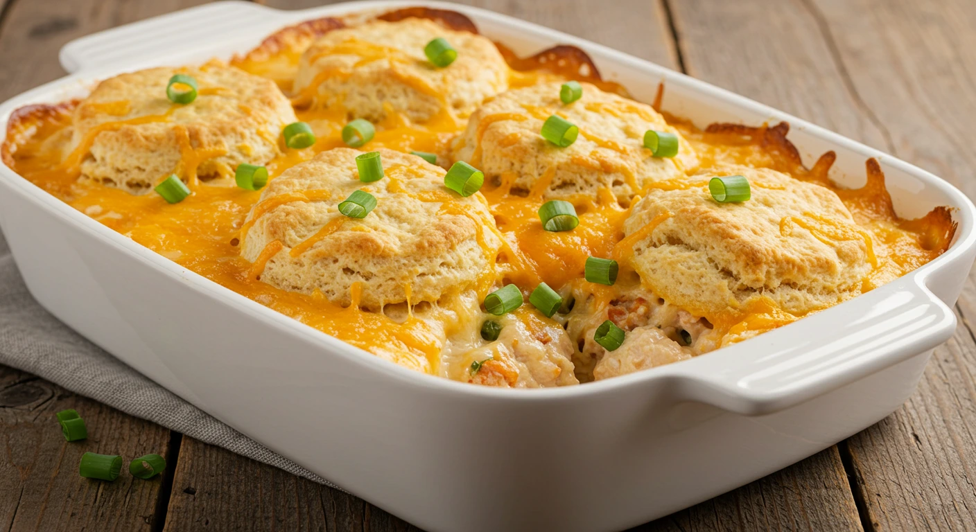 Cheddar Biscuit Chicken Bake fresh out of the oven in a casserole dish