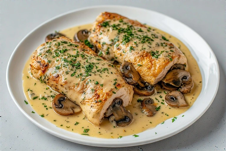 Cheesy Garlic Mushroom Stuffed Chicken Breast sliced to reveal creamy filling