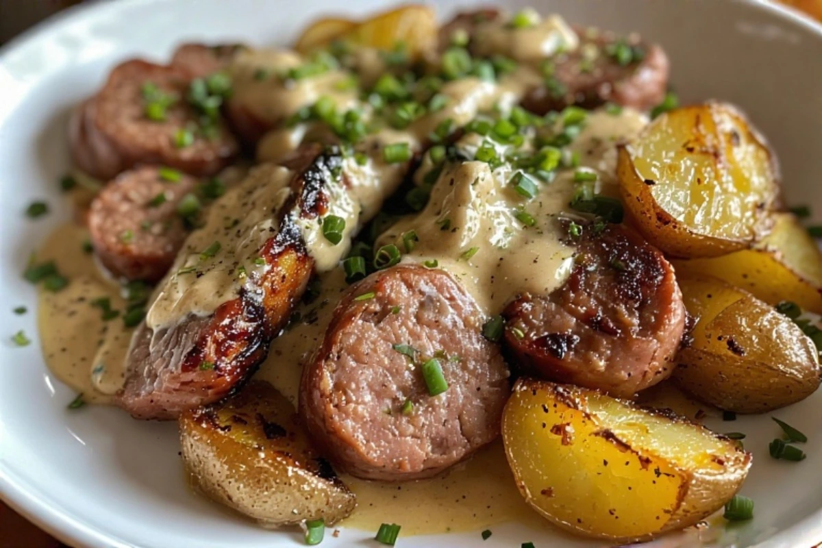 Cheesy Ranch Potatoes and Sausage baked to perfection in a sheet pan