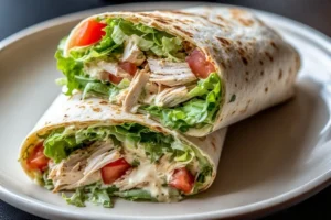 Close-up of a chicken Caesar salad wrap cut in half, showing seasoned chicken, lettuce, tomatoes, and creamy Caesar dressing in a golden tortilla