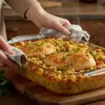 Baked chicken and Stove Top stuffing in a casserole dish