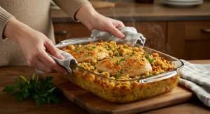 Baked chicken and Stove Top stuffing in a casserole dish