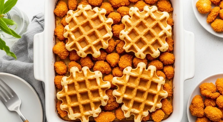 Golden-baked Chicken and Waffle Casserole in a white casserole dish