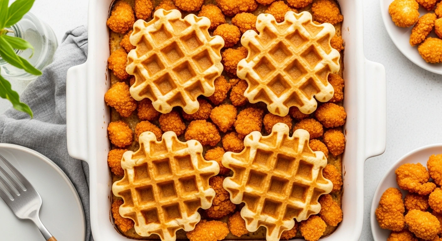 Golden-baked Chicken and Waffle Casserole in a white casserole dish