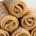 Stack of cinnamon apple pancake rolls topped with syrup and powdered sugar on a white plate with soft, warm lighting