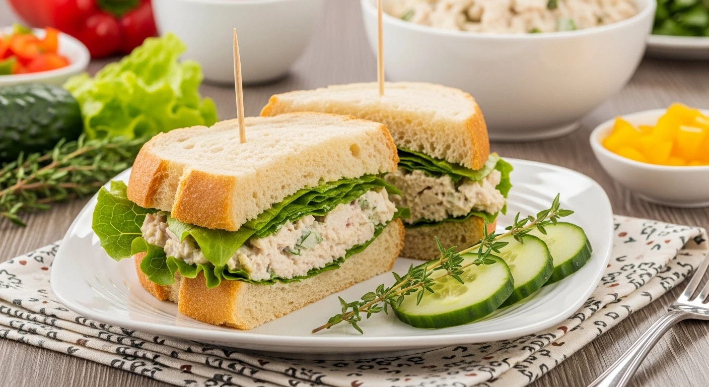 Close-up of a classic chicken salad sandwich on crusty bread, sliced and held with a toothpick, featuring creamy chicken salad, fresh lettuce, cucumber slices, and thyme sprigs on a white plate with a cloth napkin.