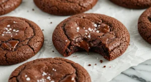 Close-up of fudgy chewy brookies with cracked tops and melted chocolate chips