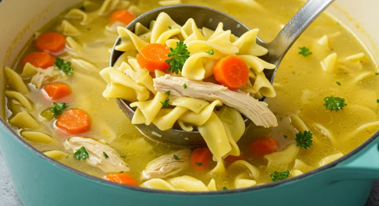 Ladle lifting chicken noodle soup with egg noodles, carrots, and parsley from a teal-blue pot