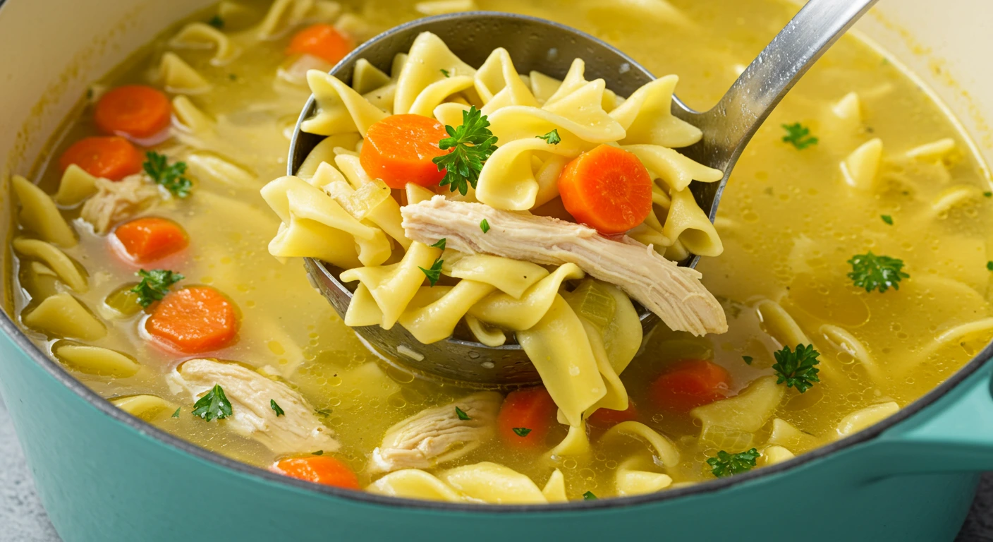 Ladle lifting chicken noodle soup with egg noodles, carrots, and parsley from a teal-blue pot