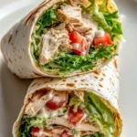 Stacked halves of a chicken Caesar wrap with romaine lettuce, juicy tomatoes, and Caesar dressing in a toasted golden tortilla on a neutral plate