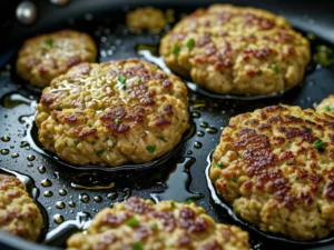 Ground chicken patties being cooked in a pan