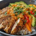 Bang Bang Chicken Bowl with spicy sauce, avocado slices, and bell peppers over rice