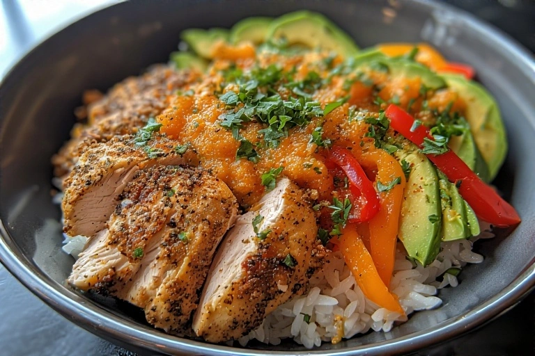 Bang Bang Chicken Bowl with spicy sauce, avocado slices, and bell peppers over rice