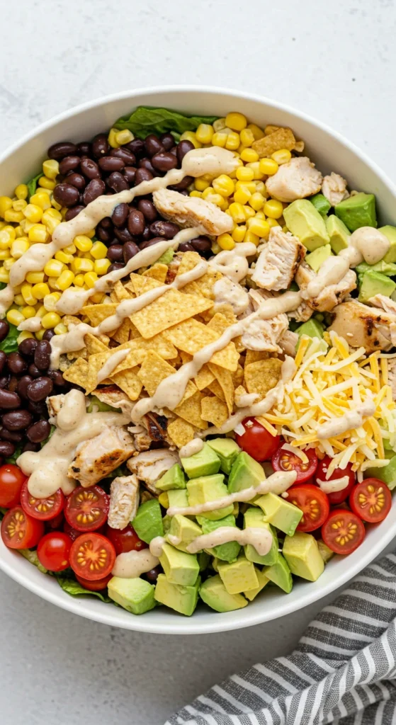 Chopped chicken salad in a white bowl with mixed toppings and chipotle dressing