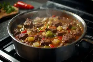Cooking carne en su jugo on the stove, carne en su jugo recipe