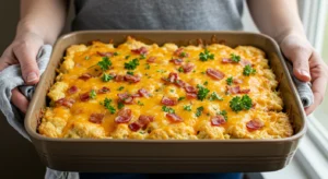 Crack Chicken recipe with creamy ranch topping and crispy bacon