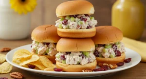 Three cranberry chicken salad sliders on a white plate with potato chips, garnished with green onions, nuts, and cranberries.