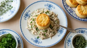 Classic Southern Creamed Chicken and Biscuits served on a rustic plate