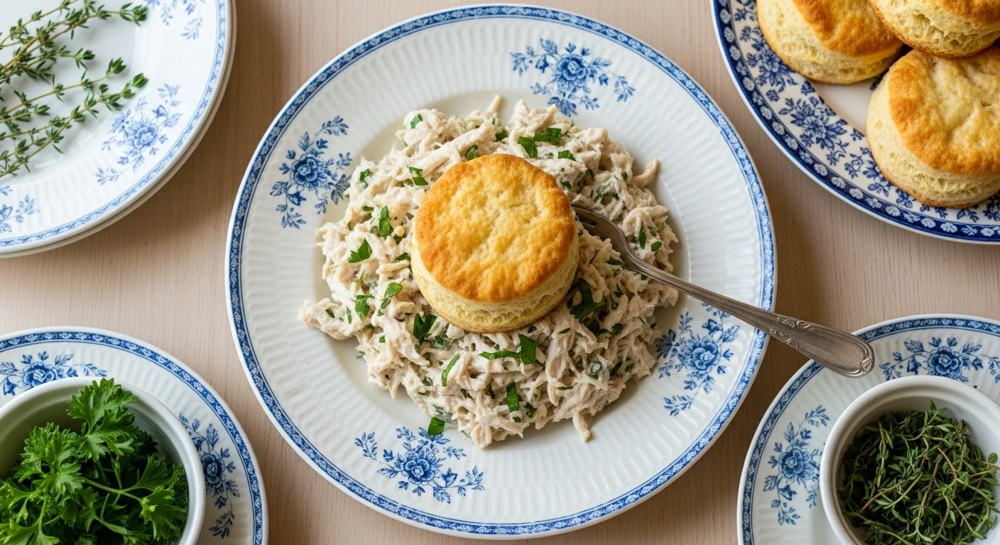 Classic Southern Creamed Chicken and Biscuits served on a rustic plate