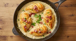 Creamy Bacon Chicken in a skillet with rich garlic sauce