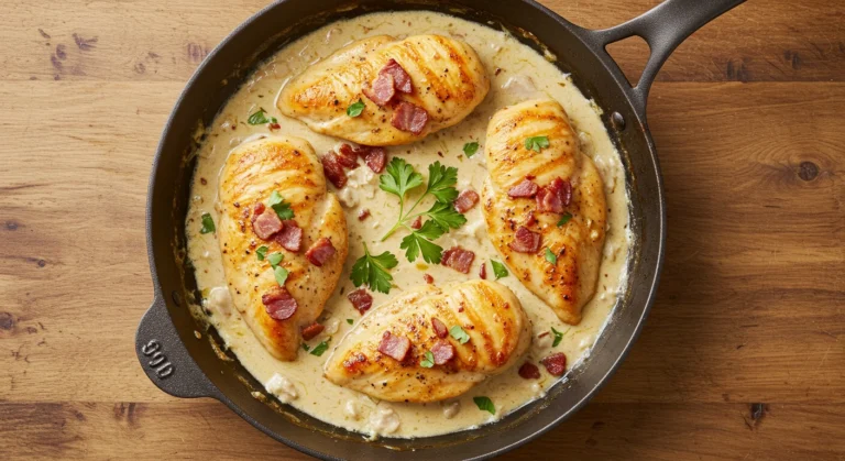 Creamy Bacon Chicken in a skillet with rich garlic sauce