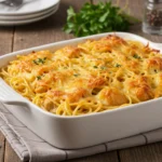 Creamy baked chicken spaghetti casserole fresh from the oven
