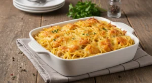 Creamy baked chicken spaghetti casserole fresh from the oven