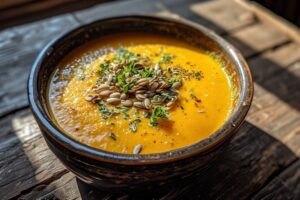 creamy buttercup squash soup in a rustic bowl