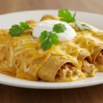 Creamy cheesy chicken enchiladas served with fresh garnishes