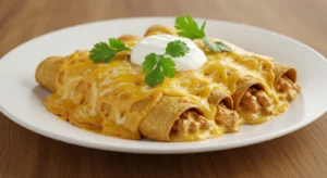 Creamy cheesy chicken enchiladas served with fresh garnishes