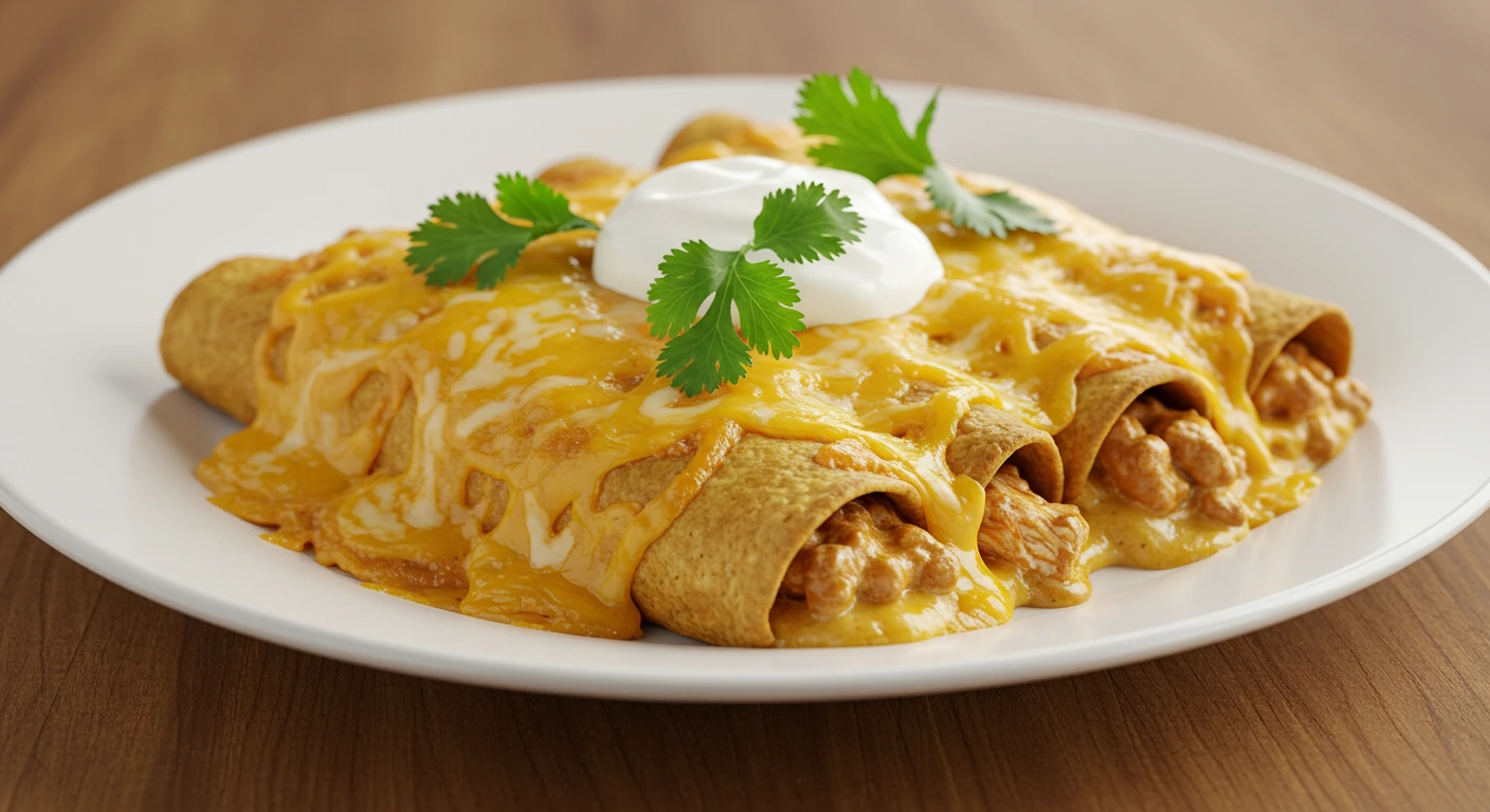 Creamy cheesy chicken enchiladas served with fresh garnishes