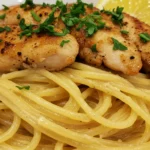 Close-up of creamy chicken linguine topped with parsley and served with a slice of lemon