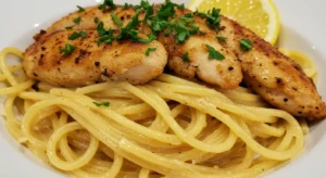 Close-up of creamy chicken linguine topped with parsley and served with a slice of lemon