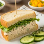 A sliced chicken salad sandwich with creamy filling, lettuce, and crusty bread on a white plate, garnished with cucumber and thyme, set on a cloth napkin with a wooden table backdrop.