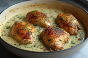 Four golden brown chicken thighs cooked in a creamy herb sauce with red onions in a light beige pot