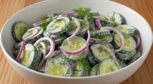 Cucumber onion salad with creamy dressing and dill in a large white bowl on a wooden surface