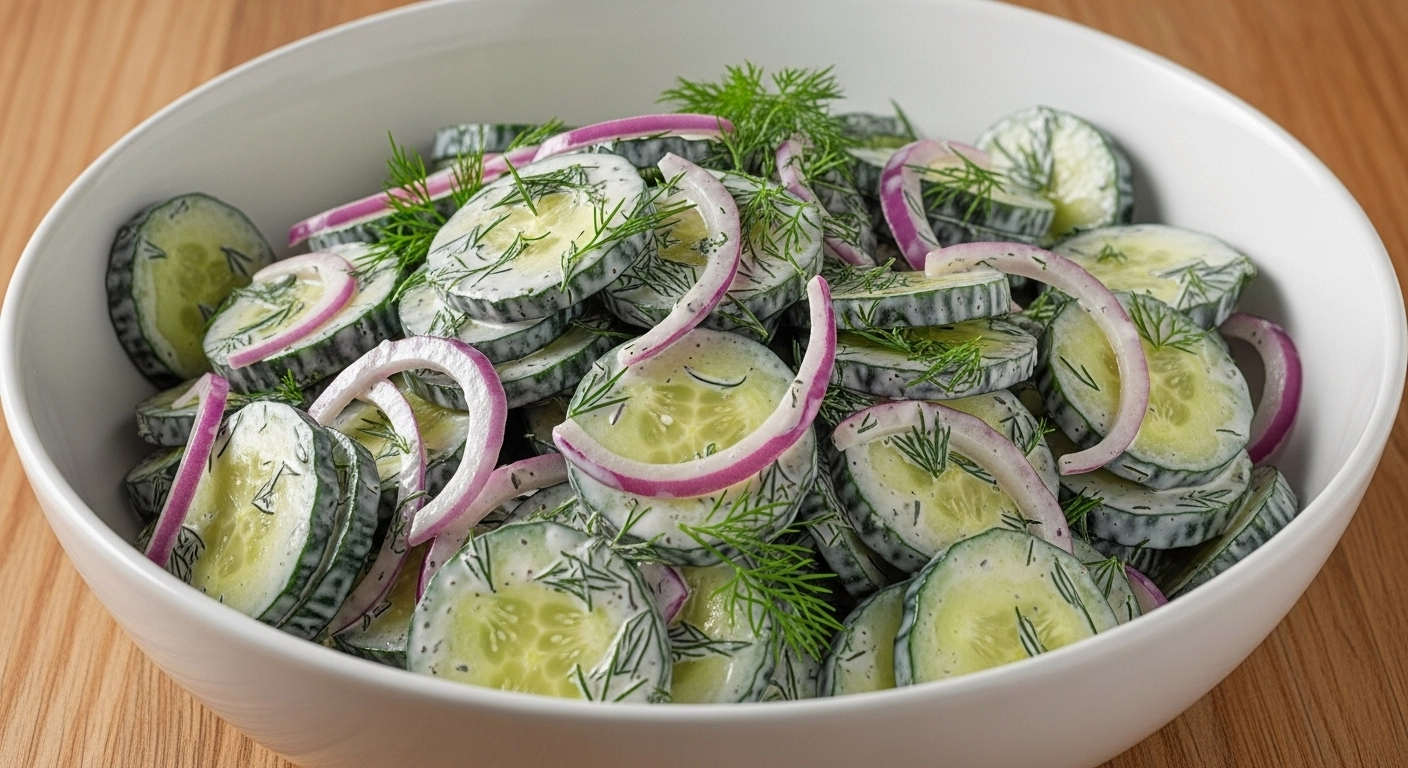 Cucumber onion salad with creamy dressing and dill in a large white bowl on a wooden surface