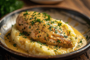 Creamy Dijon chicken served over mashed potatoes